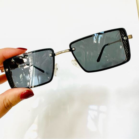 VINTAGE Y2K 90s Gold Metal Square Black Mini Etched Sunglasses Unisex Sunnies - Picture 10 of 12